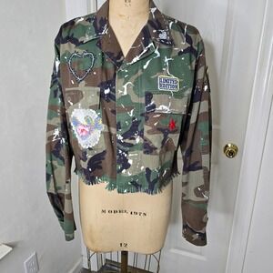 Upcycled army camouflage‎ jacket limited edition lace Bird embroidered  OS